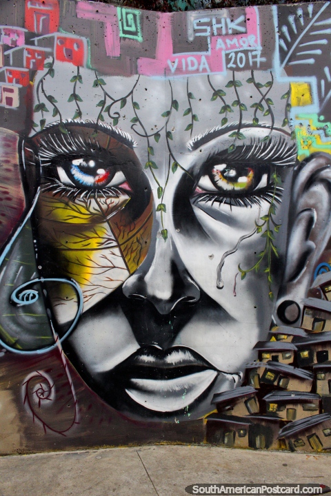 Street art in Comuna 13 in Medellin, near San Javier Station. (480x720px). Colombia, South America.