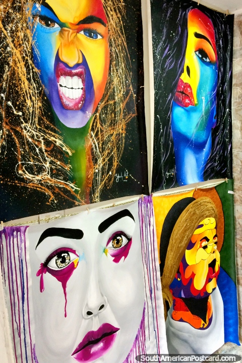 Impresses impressionantes de venda em galeria de arte de Graffilandia em Comuna 13 em Medelln. (480x720px). Colmbia, Amrica do Sul.