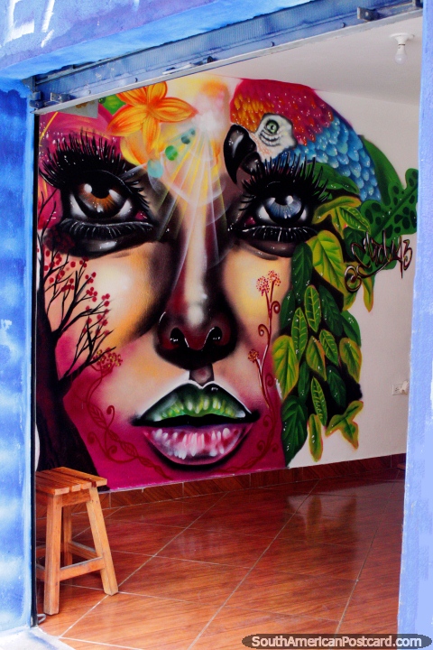 Pintura de la cara de una mujer en el interior de la tienda Cremas Doña en Comuna 13, Medellín. (480x720px). Colombia, Sudamerica.
