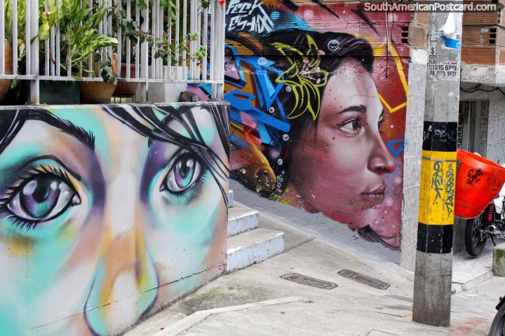 Street art faces make ordinary streets come to life in Comuna 13, Medellin. (720x480px). Colombia, South America.