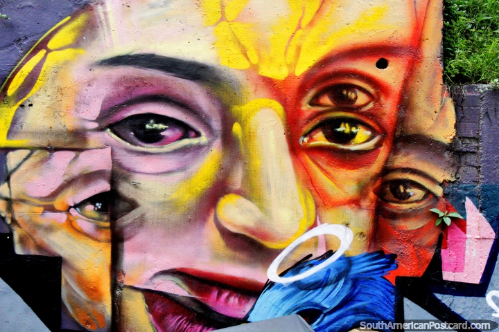 Hombre con 5 ojos, ¿a qué miras? Arte callejero, Comuna 13, Medellín. (720x480px). Colombia, Sudamerica.