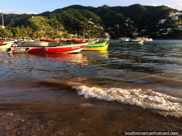 Os barcos vermelhos, verdes e amarelos incandescem tarde do sol de tarde na baïa de Taganga. (640x480px). Colômbia, América do Sul.