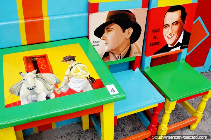 Agustin Magaldi (1898-1938) - a tango singer and Hugo del Carril (1912-1989) - an actor, colorful chairs in Jardin. (720x480px). Colombia, South America.