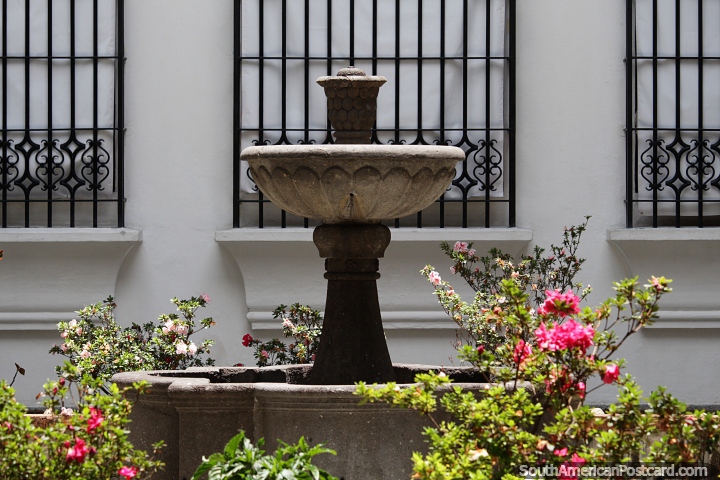 Fonte de pedra e belos jardins de flores em torno de edifícios de prestígio em Popayan. (720x480px). Colômbia, América do Sul.