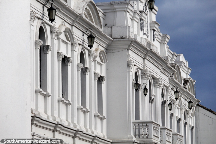 Beautiful and intricate white facade with black lanterns in the white city of Popayan. (720x480px). Colombia, South America.