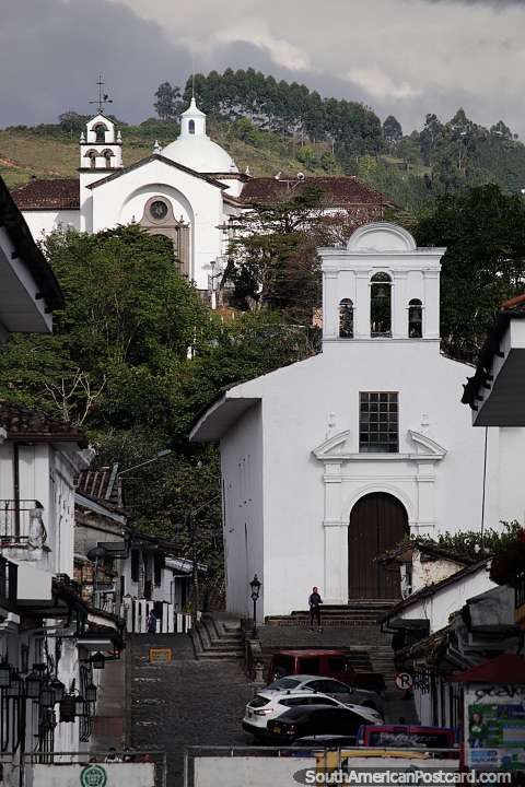 La Ermita Church (1546), the oldest church in Popayan and on the hill is Belen Church. (480x720px). Colombia, South America.