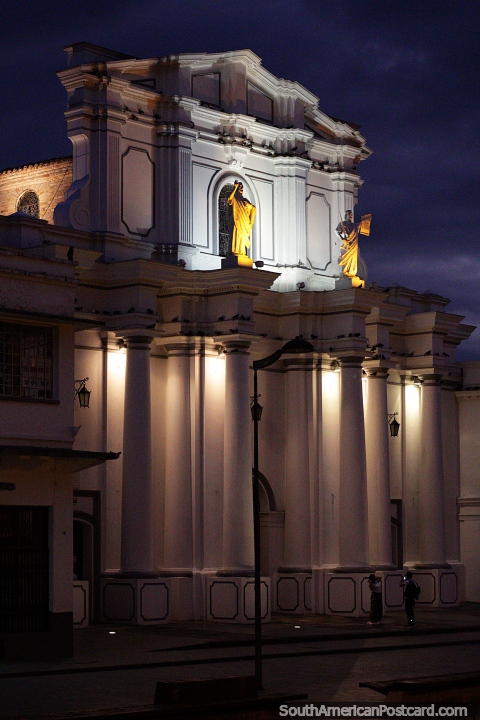 Popayan cathedral at night under lights, originally a straw hut built in 1609. (480x720px). Colombia, South America.