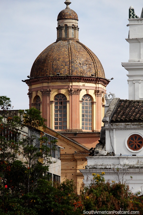 Large dome of the Pasto cathedral located where other interesting buildings are also found. (480x720px). Colombia, South America.