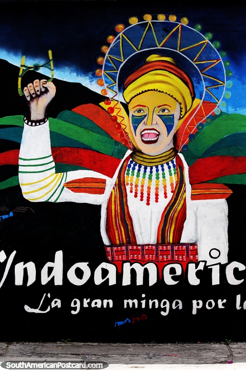Mural celebrando el carnaval de Pasto, una mujer con traje y pintura facial. (480x720px). Colombia, Sudamerica.