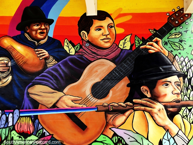 Guitar, percussion and flute, 3 musicians play, nice mural at Pasto airport. (640x480px). Colombia, South America.