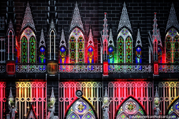 Amazing stained glass windows and light show at Las Lajas at night. (720x480px). Colombia, South America.