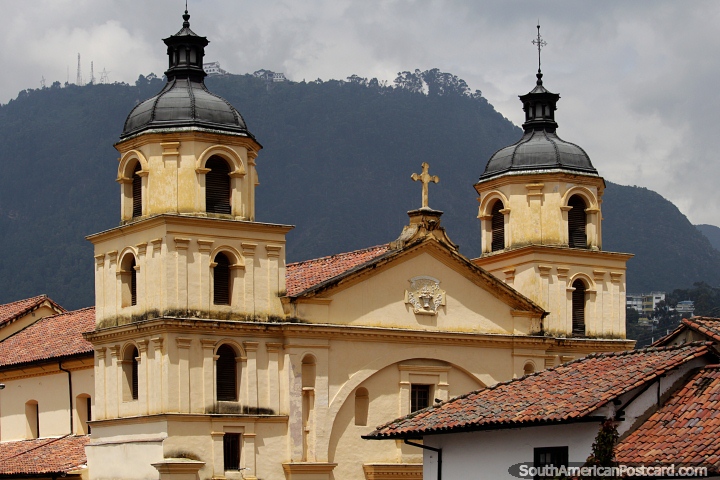 La Candelaria Church with Monserrate Mountain behind, stunning sight in Bogota. (720x480px). Colombia, South America.
