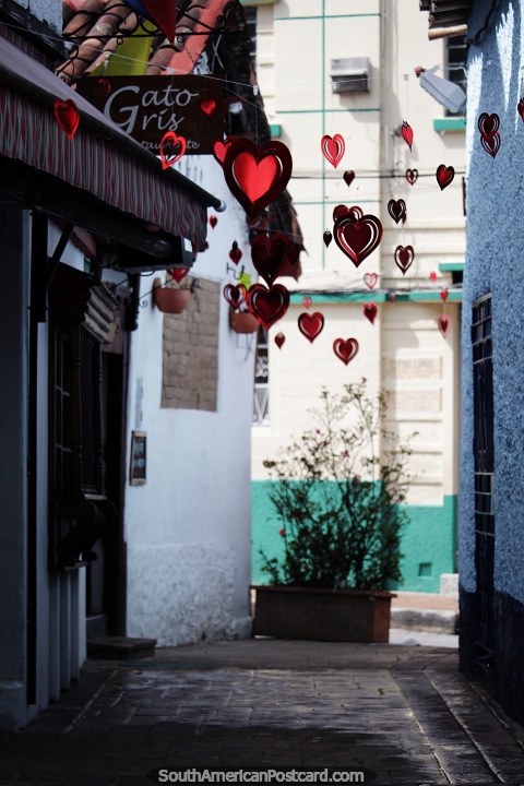 Passageway of red love hearts, a bohemian area in La Candelaria in Bogota. (480x720px). Colombia, South America.