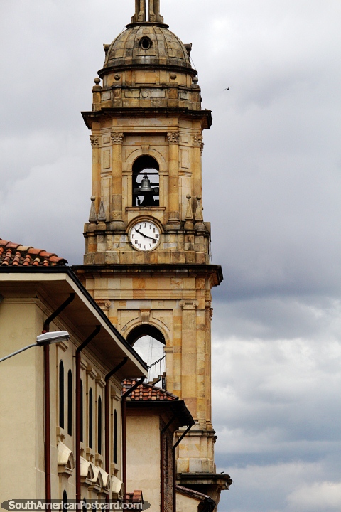 Tower of the cathedral in Bogota from behind and up the street. (480x720px). Colombia, South America.