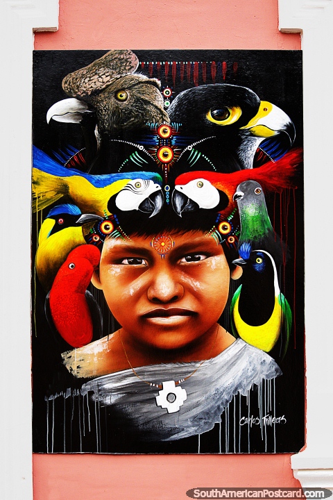 Painting of an indigenous boy and birds like the Cock of the Rock and Condor by Carlos Trilleras, Bogota. (480x720px). Colombia, South America.