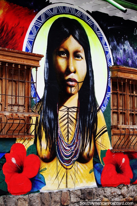 Mulher indgena com um lindo par de flores vermelhas, mural de Carlos Trilleras, La Candelaria, Bogot. (480x720px). Colmbia, Amrica do Sul.