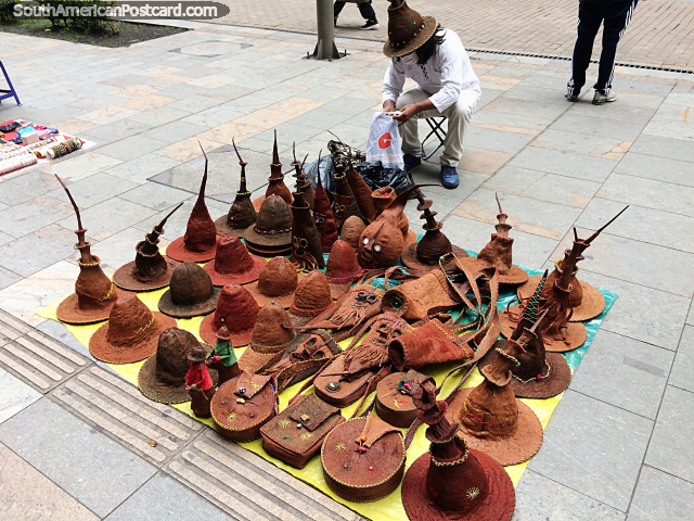 Hats for witches and wizards and other items made from leather, for sale on the street in Bogota. (640x480px). Colombia, South America.