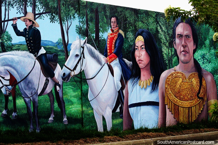 Grande mural com um homem e uma mulher nativos com Simon Bolivar a cavalo em Duitama. (720x480px). Colômbia, América do Sul.