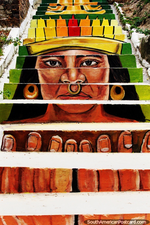 Indigenous man painted onto stairs leading up a hill in Sogamoso, Edgar Diaz artist. (480x720px). Colombia, South America.
