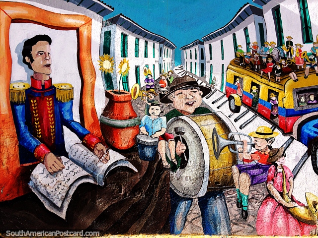 Celebration in the streets with Simon Bolivar looking on, colorful mural in Paipa. (640x480px). Colombia, South America.