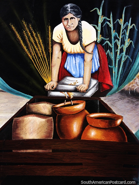 Mulher colhe e coleta o trigo, uma indústria tradicional, mural em Duitama. (480x640px). Colômbia, América do Sul.