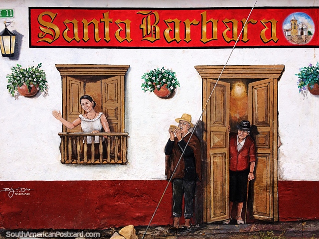 Santa Bárbara, una escena callejera pintada en una casa por Edgar Díaz en Sogamoso. (640x480px). Colômbia, América do Sul.