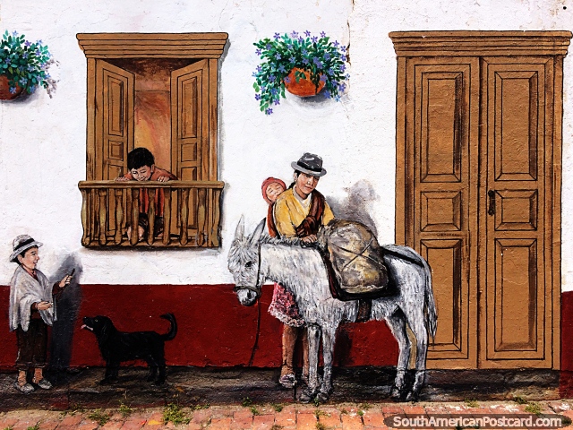 Uma mulher com crianças e seu burro, um mural de rua de Edgar Diaz em Sogamoso. (640x480px). Colômbia, América do Sul.