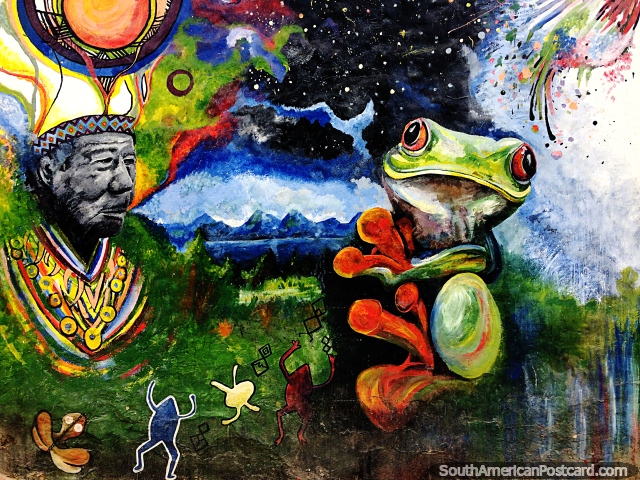 Indigenous man and a frog ritual, beautiful street mural in Sogamoso. (640x480px). Colombia, South America.