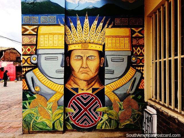 La antigua cultura de Sogamoso se retrata en el arte callejero y los murales de la ciudad. (640x480px). Colombia, Sudamerica.