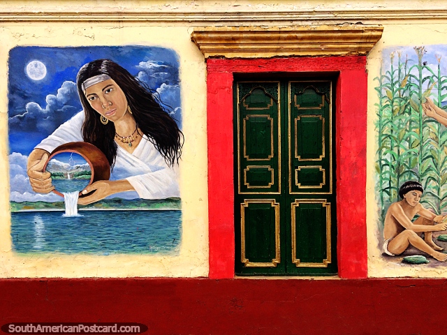O nativo joga a terra de volta na terra, arte de rua em um bairro de Sogamoso. (640x480px). Colômbia, América do Sul.