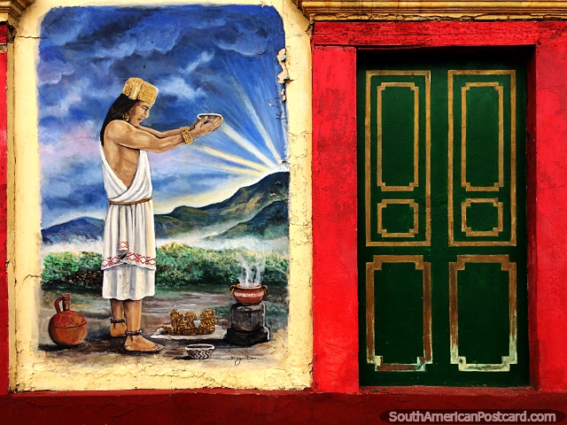Culturas e rituais antigos retratados em murais de Edgar Diaz nos arredores de Sogamoso. (640x480px). Colômbia, América do Sul.