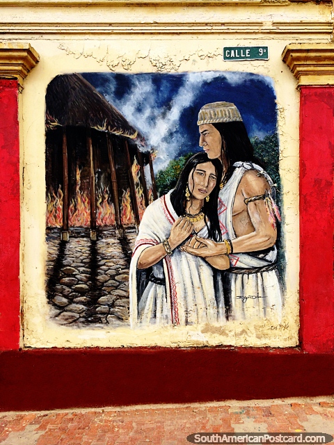 Houses of the native people burn, people are distressed, mural by Edgar Diaz, Sogamoso. (480x640px). Colombia, South America.