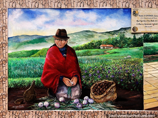 A woman picks onions and potatoes in the beautiful green fields, mural in Sogamoso. (640x480px). Colombia, South America.