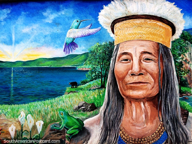 An indigenous man, a frog, hummingbird and bear beside the lake, mural in Sogamoso. (640x480px). Colombia, South America.