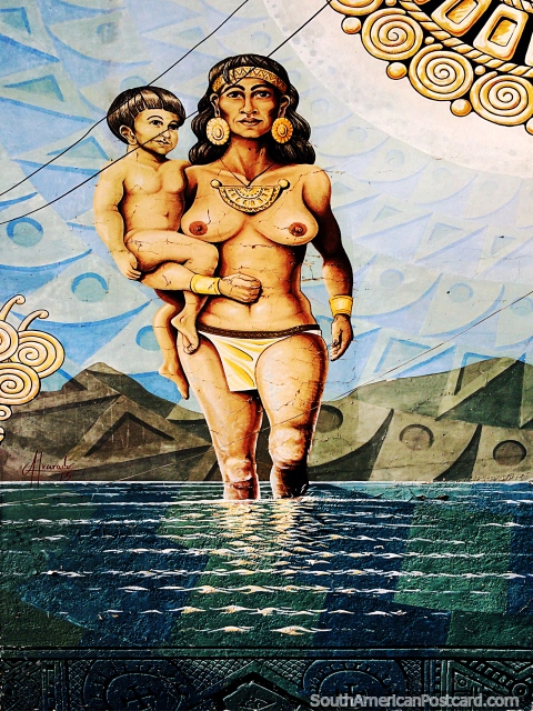 Mulher e criança podem andar sobre as águas, enorme mural em Sogamoso, uma cidade de culturas ancestrais. (480x640px). Colômbia, América do Sul.