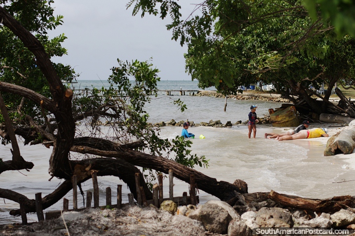 La familia disfruta de la playa y los agradables alrededores de la isla Tintipan con muchos árboles alrededor. (720x480px). Colombia, Sudamerica.