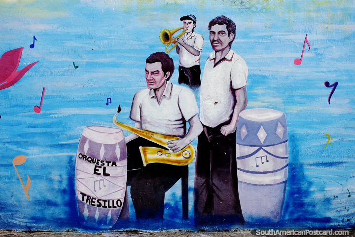Tresillo Orchestra with saxophone, trombone and bongo drums, street mural in Mompos. (720x480px). Colombia, South America.