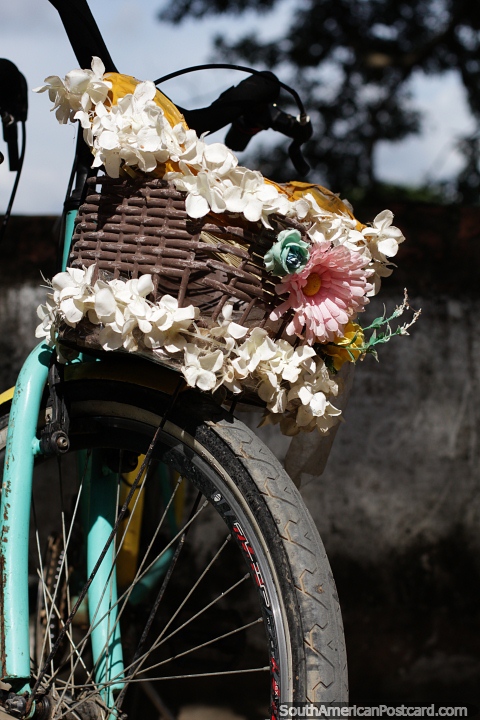 Bicicleta com cesta de cana com flores decorativas, passeio pela rua à beira do rio em Mompos. (480x720px). Colômbia, América do Sul.