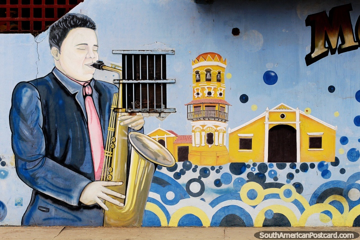 Festival de jazz Mompos, ritmos alegres so sentidos todos os anos em outubro, mural em Mompos. (720x480px). Colmbia, Amrica do Sul.