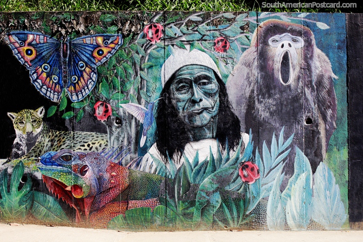 Kogi Indian with monkey, iguana, butterfly, tiger and red beetles, mural in Minca. (720x480px). Colombia, South America.