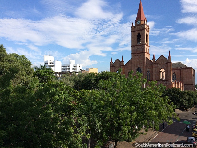 Santander Central Park and the Gothic cathedral (1957) in Neiva. (640x480px). Colombia, South America.