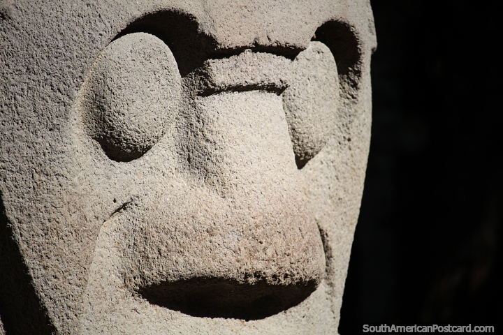 Cara de piedra brilla bajo el sol en el Parque Arqueológico de San Agustín. (720x480px). Colombia, Sudamerica.