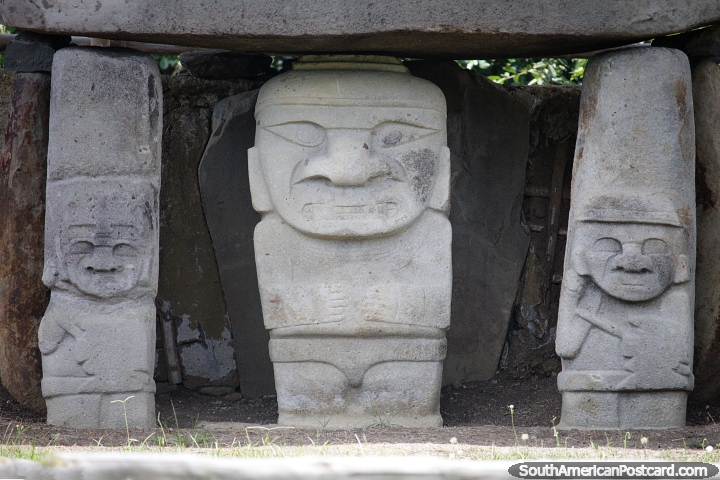 San Agustin Archaeological Park is an interesting experience and fun to walk around, 3 figures in a row. (720x480px). Colombia, South America.