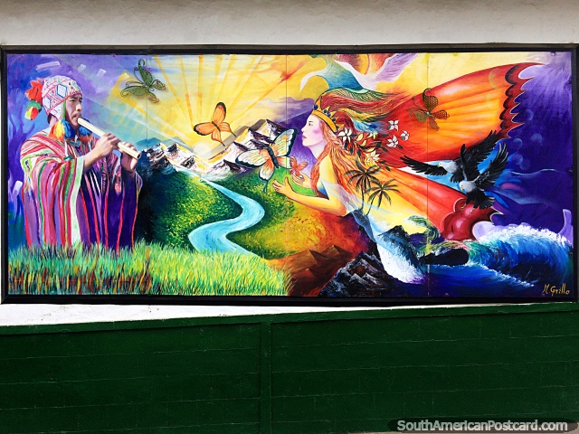 Man blows a pipe, an angel flying, butterflies and technicolor clothing, street mural in San Agustin by M. Grillo. (640x480px). Colombia, South America.