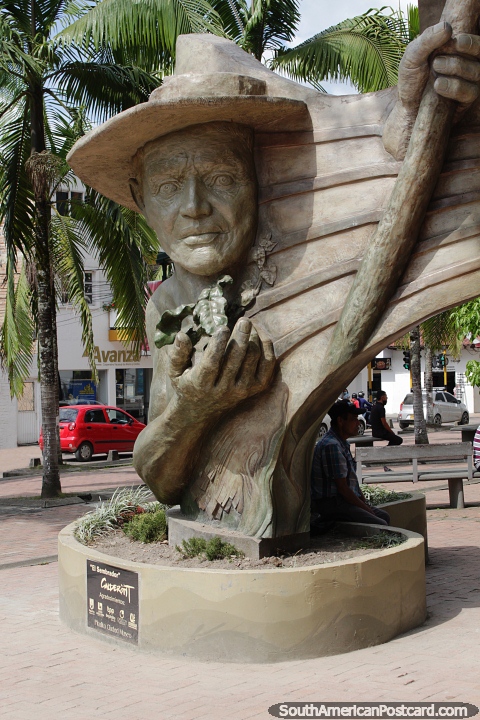 El Sembrador Galderont (the Sower), gold monument in Pitalito near San Agustin. (480x720px). Colombia, South America.