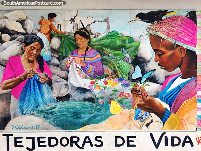 Tecelãs da Vida, mulheres tecem com pássaros e borboletas, mural em Mocoa. (640x480px). Colômbia, América do Sul.