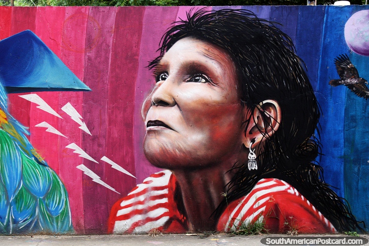 Colorido arte callejero de una mujer indígena vestida de rojo, Villa del Rosario, Cucuta. (720x480px). Colombia, Sudamerica.