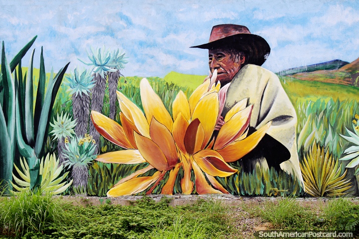 Elder woman with big yellow flower in the countryside, mural by Arte Jesus Parra in Cucuta. (720x480px). Colombia, South America.