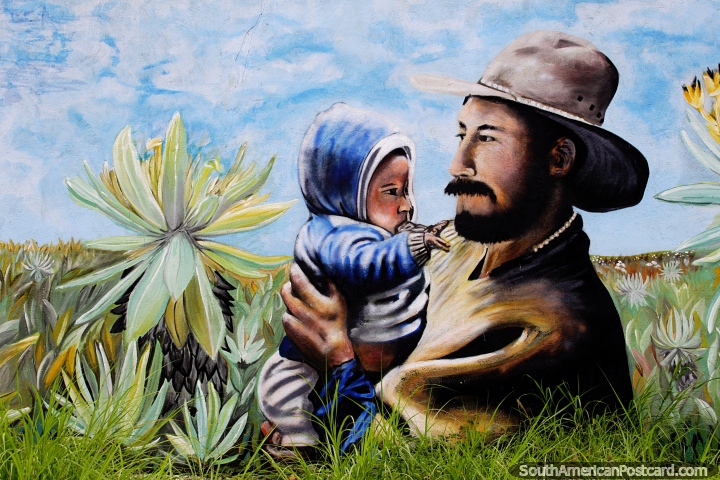 Hombre con bebé en el campo verde, bonito conjunto de murales en Cúcuta. (720x480px). Colombia, Sudamerica.