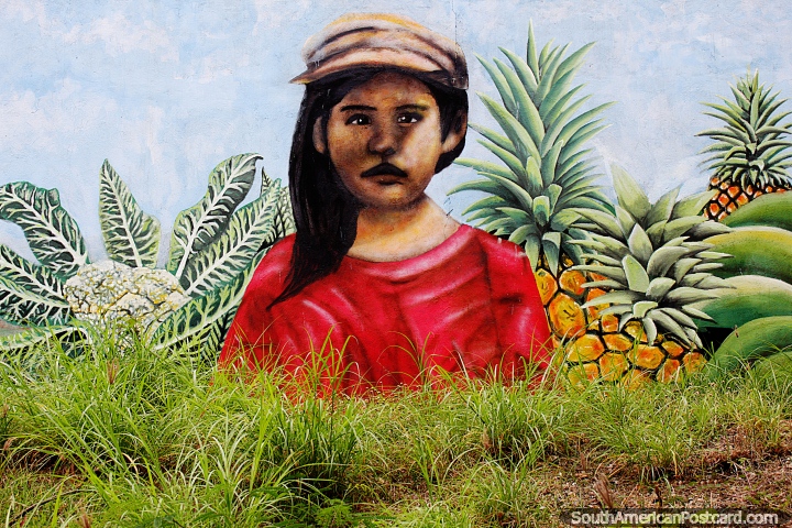 Jovem garota com um chapu e vestida de vermelho com abacaxi ao redor, mural em Ccuta. (720x480px). Colmbia, Amrica do Sul.